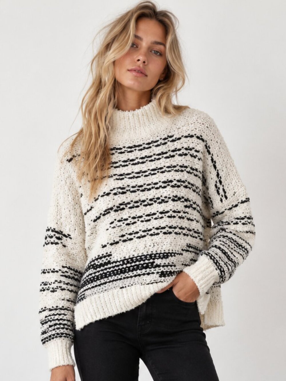 ANTHROPOLOGIE Pilcro Kari Sweater Boxy Striped Mock Neck Black Navy Cream S EUC